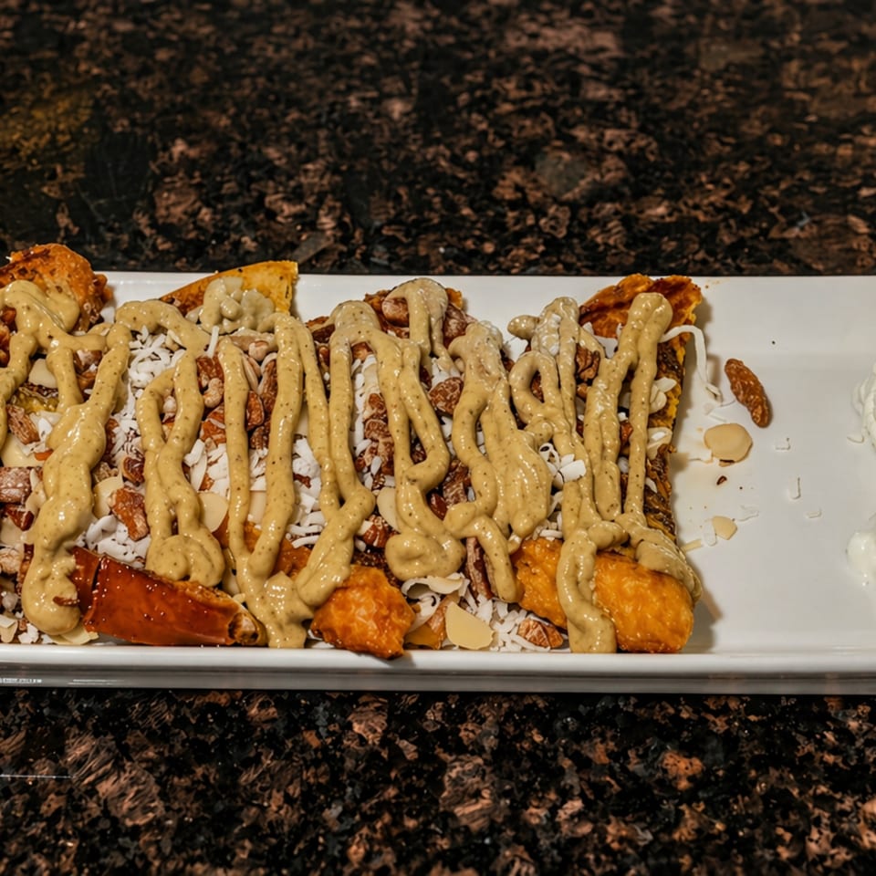 French toast sticks drizzled with sauce, nuts, and shredded coconut, served with whipped cream.